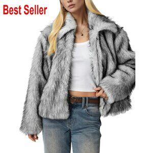 Faux Fur Cropped Jacket Open Front Fluffy Winter Coat Elegant Chic Outerwear